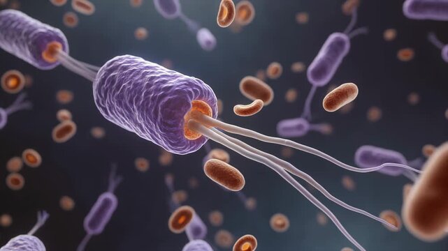 Microscopic animation of a macrophage extending pseudopods, surrounded by bacteria.