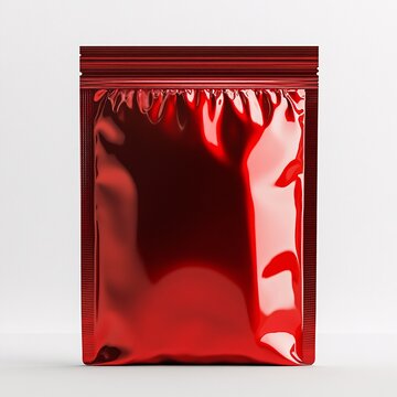 Realistic standing aluminum pouch mockup in bold red with zipper top