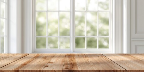Panoramic banner featuring a wooden tabletop with a hazy green and white kitchen window background, suitable for advertising or product images