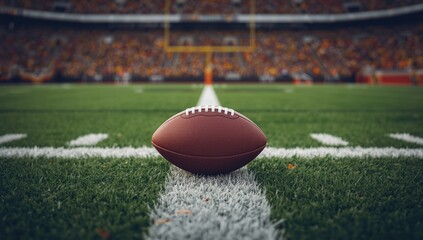 American football resting on a first down line during a game, emphasizing play setup and field positioning