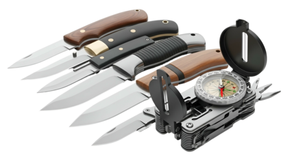 A set of folding knives with various handle designs next to a multi-tool with compass