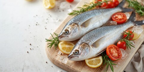 Two fresh dorada fishes garnished with cherry tomatoes, rosemary, lemon, and pepper on a light wooden surface, food preparation scene