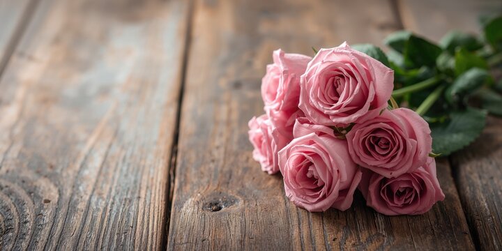 Womans Day message with rustic pink roses on wooden table, emphasizing floral arrangement for celebration - Powered by Adobe