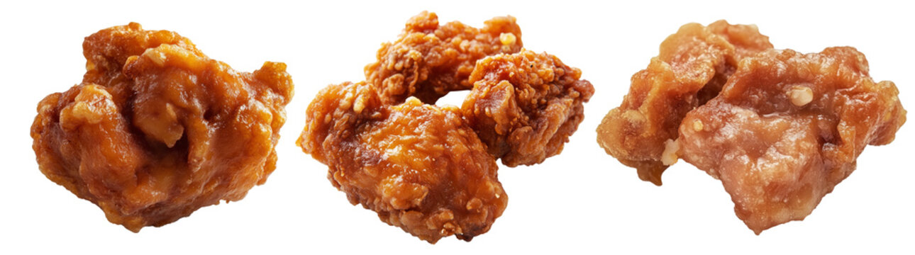 Crispy glazed fried chicken Karaage nuggets isolated on white transparent background. Concept of Asian cuisine and Japan