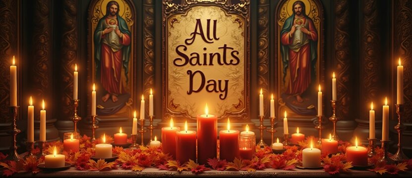 All Saints' Day celebration with lit candles on a church altar. Religious background with icons of Jesus Christ and autumn leaves for the Christian holiday of remembrance