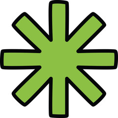 A Light Green Asterisk Shape with Thick Black Outline on a Transparent Background Representing a Symbol or Icon