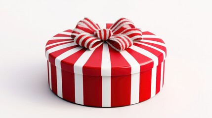 Round red and white striped gift box with a festive textured bow in a bright clean holiday style new