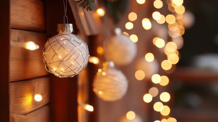 Warm glowing lights and white Christmas ornaments create a cozy festive atmosphere on a wooden wall