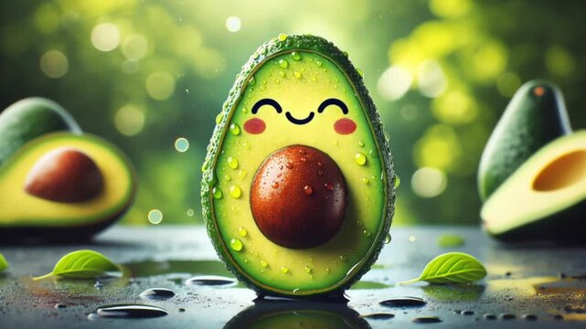 Animated avocado half with bright green flesh and cute smiling face creating a cheerful playful mood
