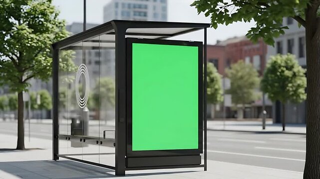 Modern city bus stop billboard with green screen chroma key panel for advertising