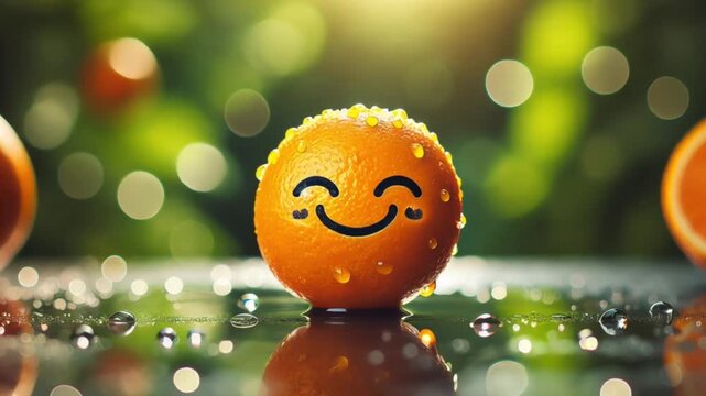 animated bright orange with a cute smiling face resting on a reflective surface with droplets
