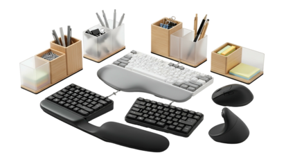 Assorted office accessories, including ergonomic keyboards, mouse, and organizers, on a black backdrop