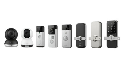 Security devices arrayed, offering home protection; cameras, doorbells, and smart locks