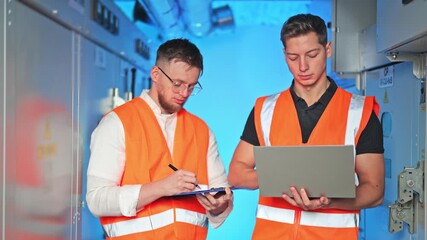 Professional engineers collaborate confidently in modern industrial place. Recording data, operating laptop, ensuring efficient system management with positive team spirit. Reliable work displayed.