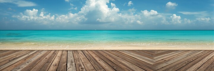 Fototapeta premium Blue sky and sea colors on a wooden vintage deck, serving as a calming background for text and layout, Earth Day