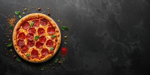 Pepperoni pizza with cooking ingredients on black concrete surface, highlighting food preparation and ingredient layout