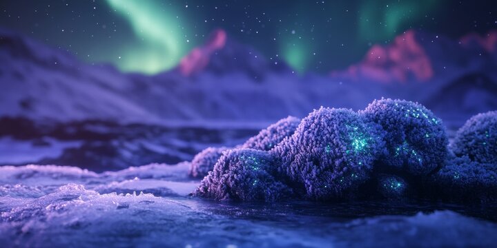Glowing moss illuminating snowy norwegian landscape under northern lights