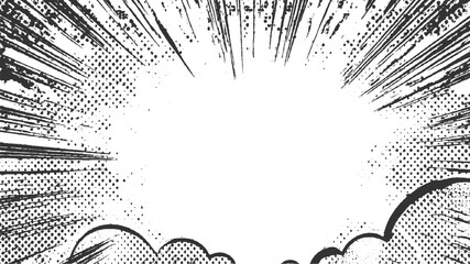Black and white comic book explosion speech bubble background with halftone dots and speed lines abstract