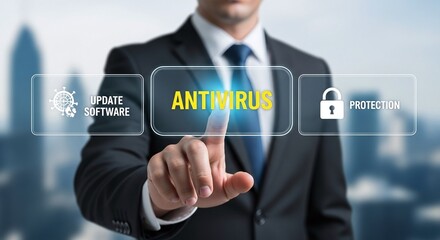 A businessman in a suit is pressing an antivirus button on a digital display, emphasizing the importance of cybersecurity and data protection