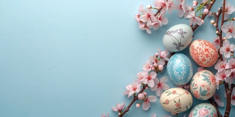 Fototapeta premium Painted Easter eggs with spring sakura branches on a light blue background, suitable for holiday greetings