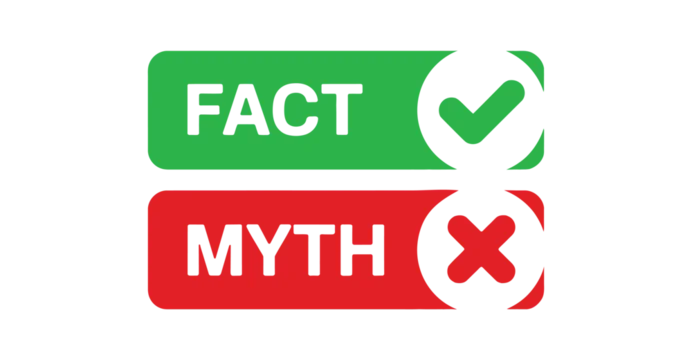 “FACT vs MYTH” icon with checkmark and X symbols in green and red blocks for educational truth vs misinformation design