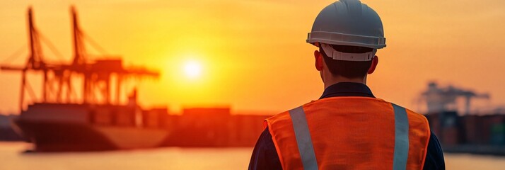 International shipping port with cargo containers and export volume growth graph overlay. 