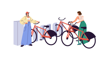 Happy girls leave rental bikes on parking place with rack. People rent bicycles, ride and stand it on storage. Women take transport at station. Flat isolated vector illustration on white background