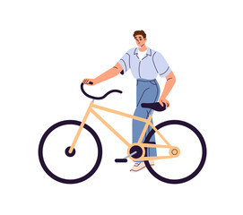 Obraz premium Happy boy rents and takes a sit on bike. Cyclist rides a rental bicycle. Young man is cycling. Urban bicyclist, rider does sport while walk. Flat isolated vector illustration on white background