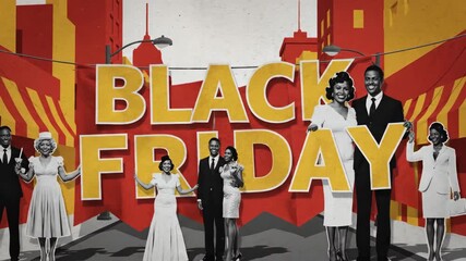 Black friday promotion with group of african american man and women holding sale letters and banner on street, animation - Powered by Adobe