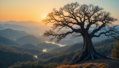 Naklejka premium Sunset over winding river and mountain range with solitary bare tree in foreground