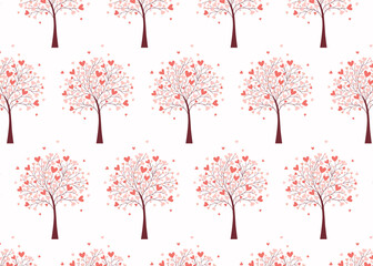 Romantic seamless pattern with heart-shaped trees and scattered pink and red hearts on a white background. Ideal for Valentine’s Day, wedding designs, wrapping paper, textiles, romantic stationery.