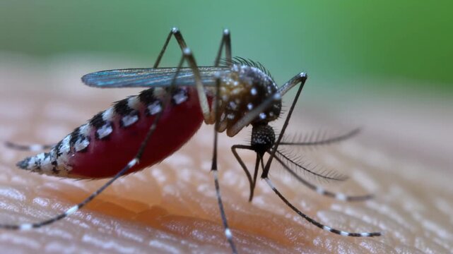 Macro animation of a mosquito feeding on skin, showing detailed proboscis penetration.