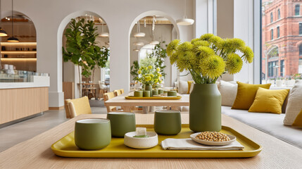 Modern café interior with green decor and large windows featuring cozy seating