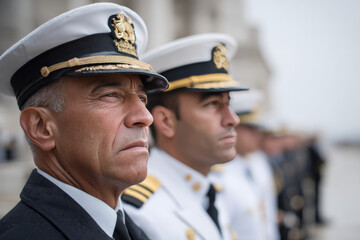 Caucasian male naval officers in uniforms standing in formation outdoors