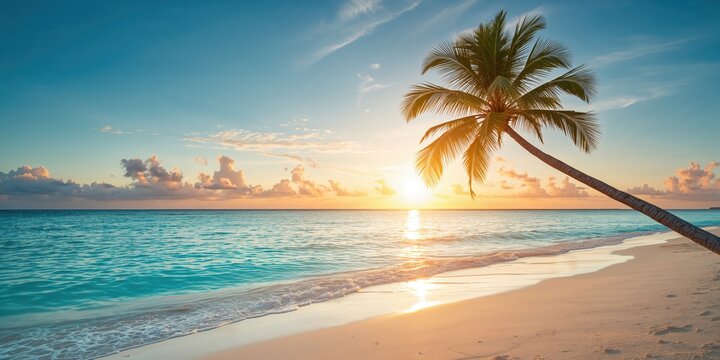Tropical beach at sunrise with water and sky, ideal for travel background imagery