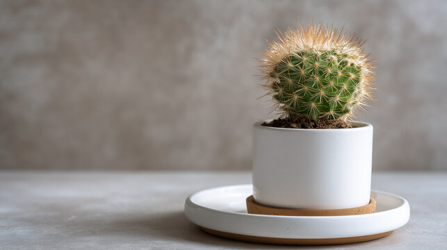 A small cactus is sitting in a white pot on a white plate