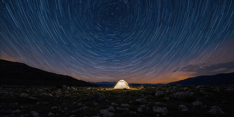 Obraz premium Star trails encircle the polar star above a tent in a rocky landscape, emphasizing nighttime camping safety, Earth Day