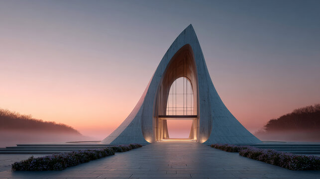 Modern architectural masterpiece at sunset with unique arched design