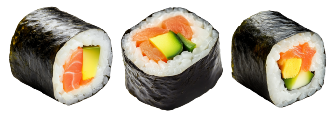 Sushi roll Maki with salmon, avocado, cucumber and rice wrapped in seaweed, isolated on white transparent background