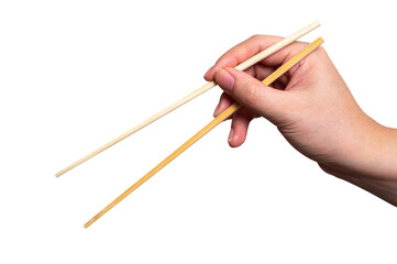 Female hand holding a wood chopstick isolated on white background.
