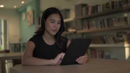Portrait of young beautiful Asian Thai woman in library using digital tablet computer browsing web - Powered by Adobe