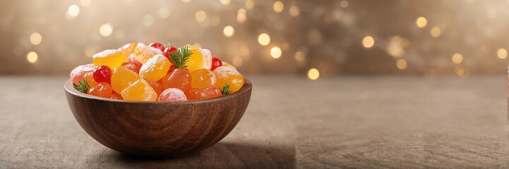 A wooden bowl with colorful sweets in shades of orange and yellow, used as a festive treat for cultural celebrations © The 2R Artificiality