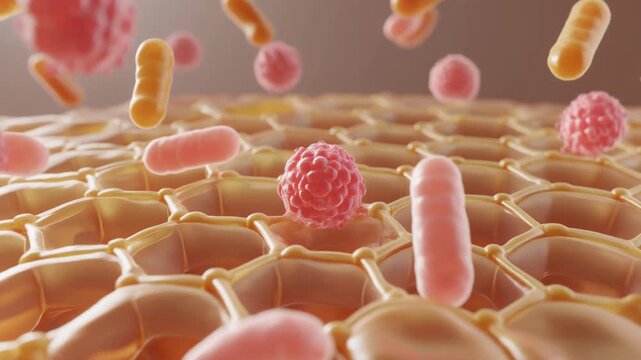 Microscopic View of Beneficial Skin Microbiome Bacteria and Cells
