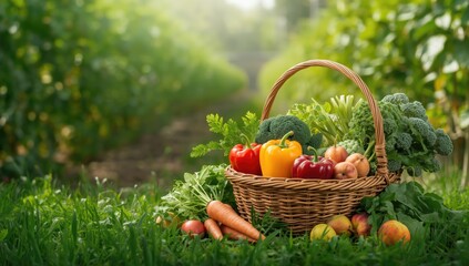 Fresh organic vegetables and fruits in the garden, used as a natural food source, Earth Day