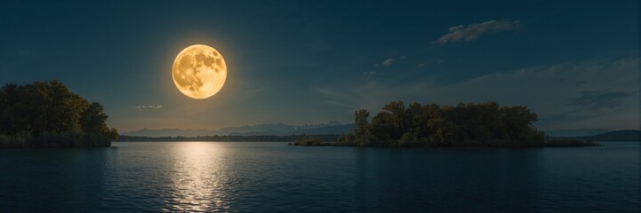Round yellow moon resting over a lake at night, suitable as a tranquil background for text or layout