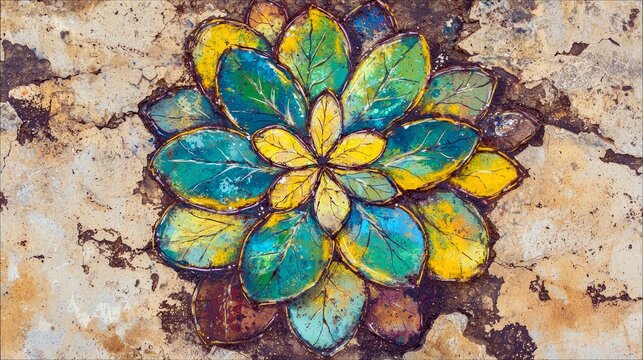 A close-up, overhead view of a circular mosaic design resembling a flower with layered petals in vibrant shades of teal, yellow, and brown, set against a rough,