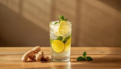 Morning water with ginger and lemon on a wooden surface used for health detoxification, World Health Day