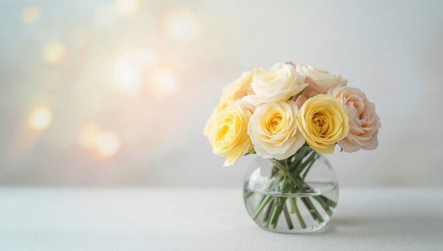 Soft pastel ranunculus and yellow roses arranged in a vase, ideal for floral design backgrounds - Powered by Adobe