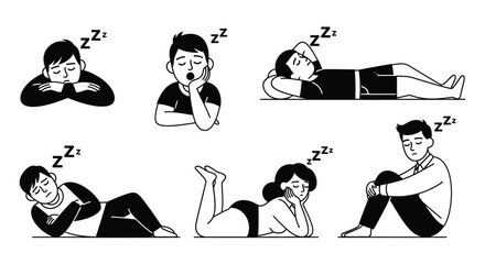 Tired people sleeping in various positions needing a rejuvenating rest
