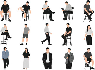 Obraz premium Diverse group of stylized flat design people in various seated and standing poses on white background